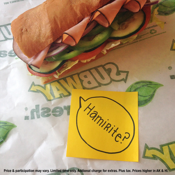 SUBWAY's tweet photo. The $3 6” Black Forest Ham never lies. Get it all month long. #StuffSubsSay http://t.co/hpPR7fCB8c