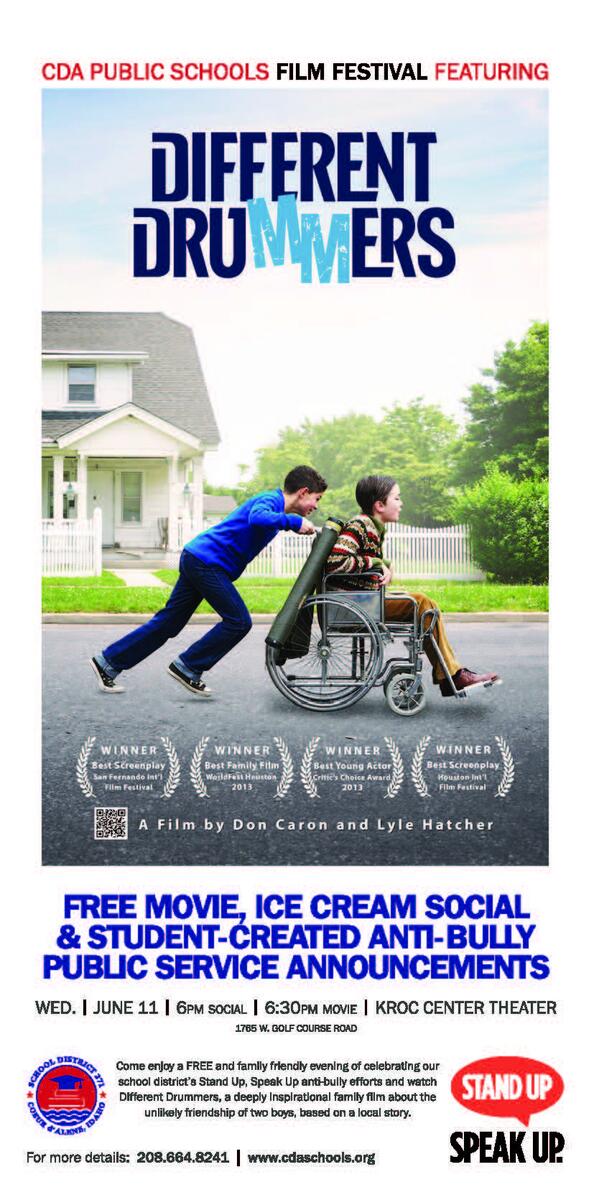 CdaSchools's tweet photo. Join us tonight 6 pm ice cream social &amp; 6:30 pm FREE movie Different Drummers at the Kroc @kroccda http://t.co/6QFt3mMSNU