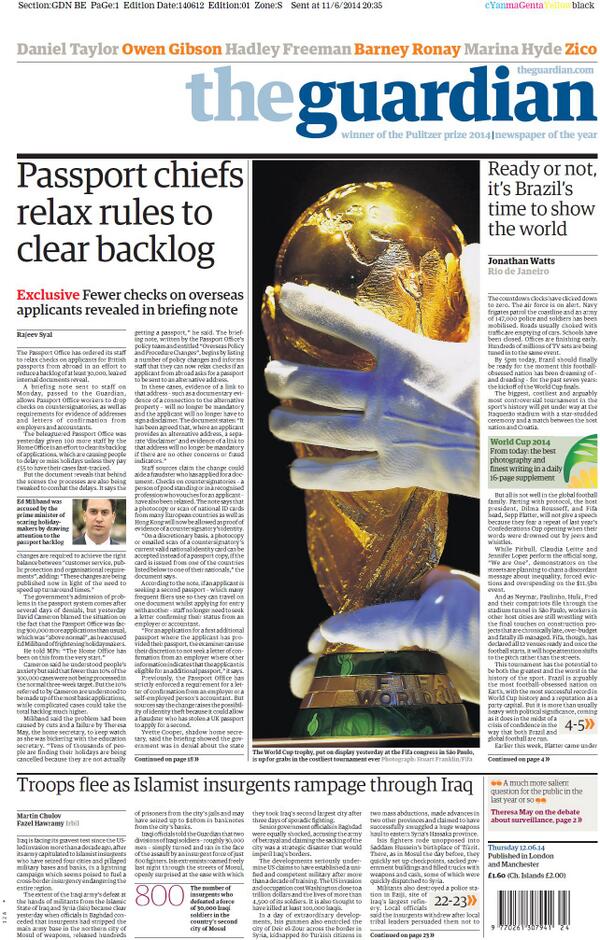 BBCNews's tweet photo. Thursday's Guardian: "Exclusive - Passport chiefs relax rules to clear backlog" #bbcpapers http://t.co/rElFQqqBvv via @suttonnick