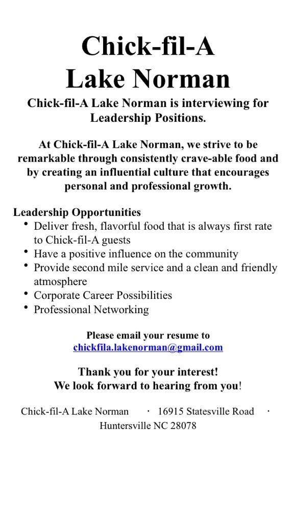 CFA_LKN's tweet photo. CFA LKN is interviewing for Leadership Positions! #chickfila #lakenorman #career #leadership #restaurant #hospitality http://t.co/eu5c22kdLa