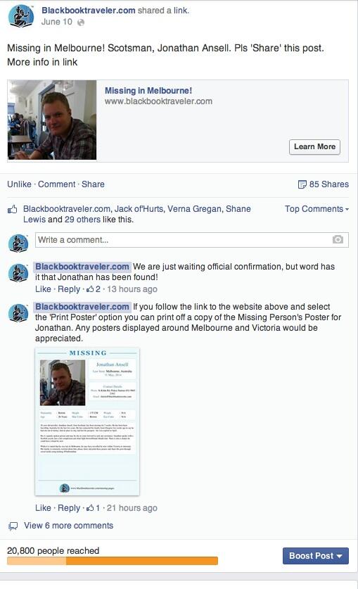 BT_Website's tweet photo. BT 30 hr Sponsored FB Campaign to help #FindJonathan reached 20000 people #Melbourne. TNX for sharing he is now safe. http://t.co/FPT6upVvO9