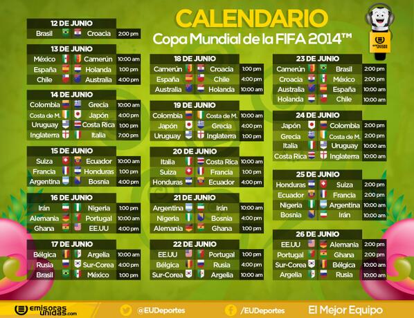 EU_Xela's tweet photo. Calendario del Mundial Brasil 2014. #euxela 89.5 http://t.co/s4pfUjVkFv