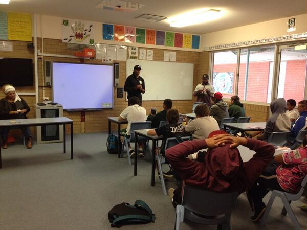 OutbackRL's tweet image. David Peachey chatting with the boys at Menindee Central School about tackling Domestic Violence head on @CountryRL