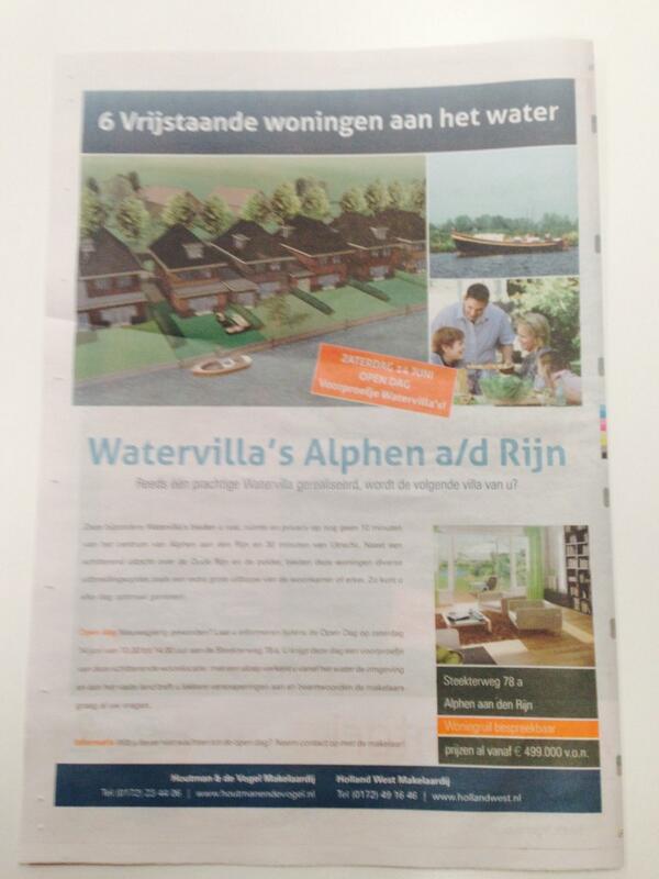 OPEN DAG Watervilla's. 6 vrijstaande woningen ah water. Aankomende zaterdag van 10.00 uur-14.00 uur. Steekterweg 78a