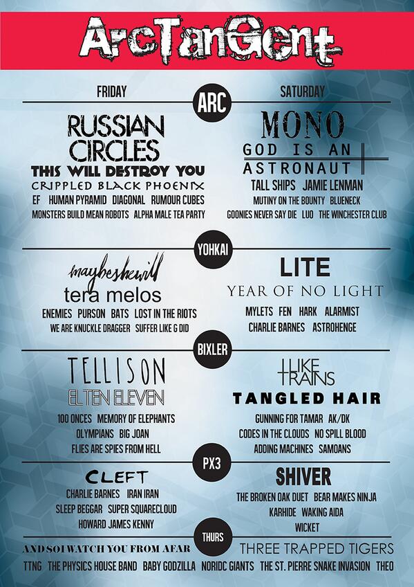 ATGFestival's tweet image. New poster by days &amp;amp; stages, with @RussianCircles @MONOofJAPAN @tunnelblanket @Giaa_band @Mybshwll @LITE_JP et al.