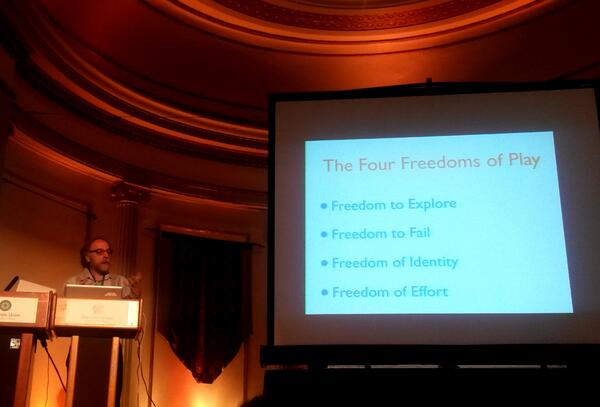cameronewhite's tweet image. The four freedoms of play: exploration, failure, identity & effort @scot_o #gls14