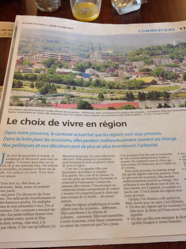 Savoy_Adam's tweet photo. Belle article ce matin @cyrillesimard dans #AcadieNouvelle #region #perspective http://t.co/rqIGNmCqYs