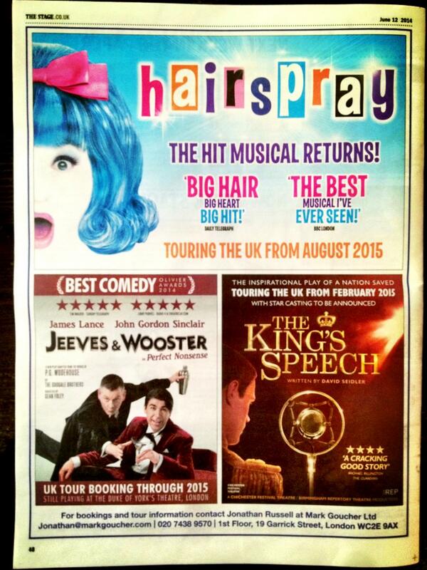Our news! RT “co-producing 2 BIG shows with Mark Goucher in 2015; THE KING'S SPEECH &amp;amp; HAIRSPRAY - UK Tours. ”