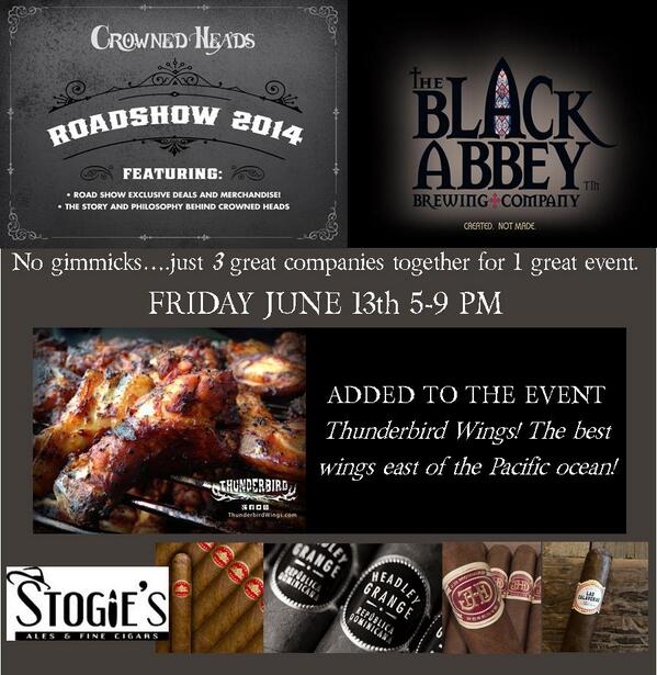 stogiesinc's tweet photo. @TheCrownedHeads @BlackAbbeyBrew @thunderbirdwing @cigarwes  together tomorrow night at Stogie's! http://t.co/mmJgcu7GBW