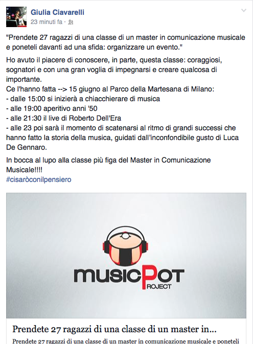 MusicPotProject's tweet image. Grazie a  @GiuliaCiavarell per il supporto su Facebook! Dateci una mano con il #passaparola anche voi: -3 all'evento!