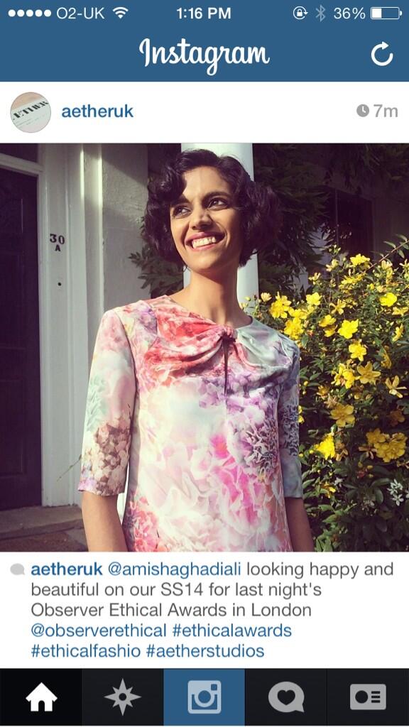 aetheruk's tweet image. Our muse @amishaghadiali wearing a  SS14 dress for last night&apos;s @ObserverEthical #EthicalAwards she looked gorgeous!