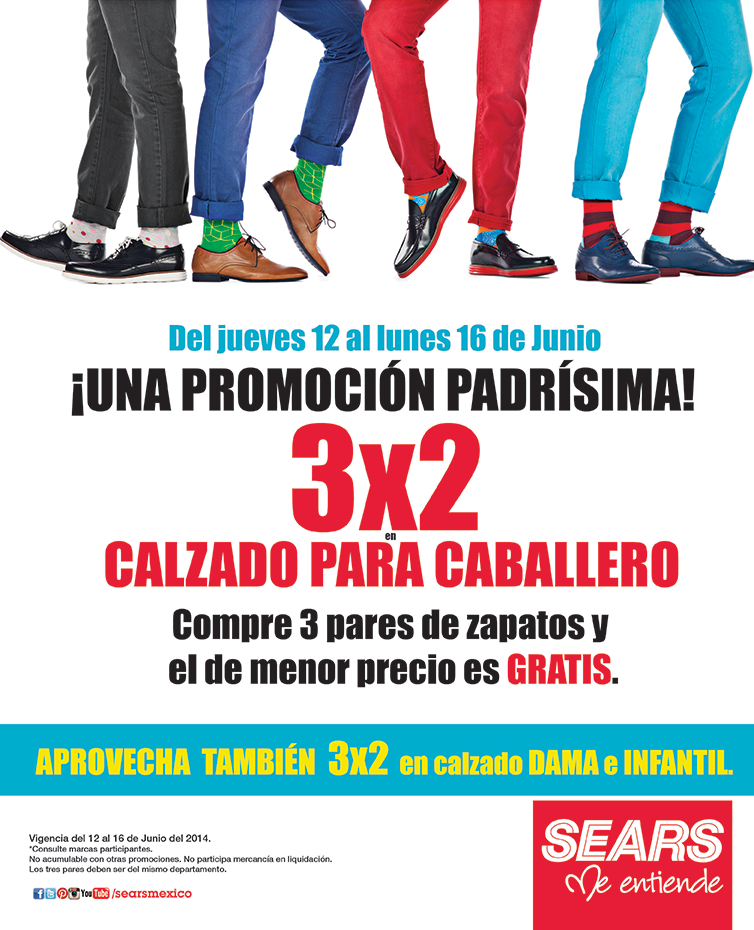 Sears Mexico on X Una promocion padrisima 3x2 en Calzado para caballero compra 3 pares de zapatos y el de menor precio es GRATIS. http t 5a91NwL2WV X