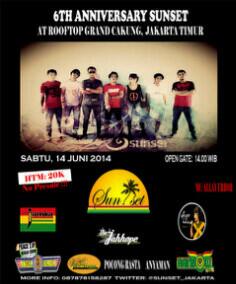 muchlissunset's tweet photo. ANNIVERSARY 6TH @SUNSET_JAKARTA , SABTU 14 juni 2014, AT ROOFTOP MAL GRAND CAKUNG JAKARTA TIMUR.

HTM : Rp.20.000 http://t.co/xYjtVZCkRp