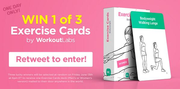 WorkoutLabs's tweet photo. Win 1 of 3 Exercise Cards by WorkoutLabs: https://t.co/96ffvDk7Pv
π Retweet to enter! π #exercisecards #giveaway http://t.co/E0mkD1ajvx
