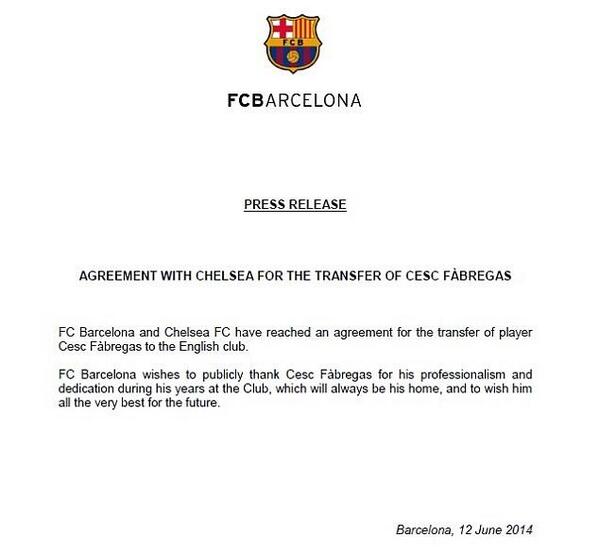FaktanyaFCB's tweet image. Pernyataan dari Barcelona atas kepindahan Cesc Fabregas ke Chelsea [Daily Mail]