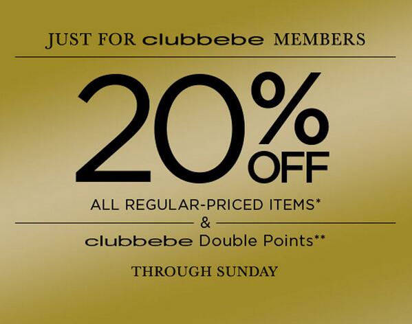 bebe_Stores's tweet photo. Just for #clubbebe members, take 20% off all regular-priced items in-store & online... http://t.co/LiIVrWRH5k http://t.co/gyjrmb67mK
