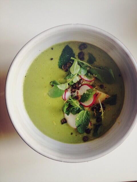18reasons's tweet photo. Tonight at #18thHour - Michelle's English Pea + Watercress Soup with Creme Fraiche, Roasted Potato, Radish, & Mint. http://t.co/MHzt97EOFu