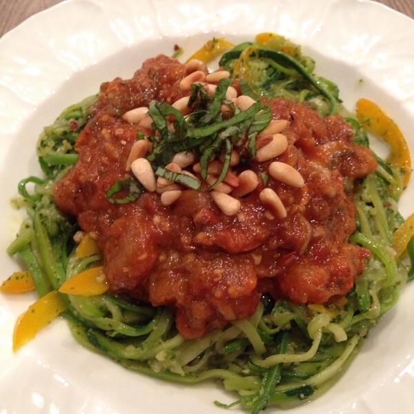 JuliesTaste's tweet photo. Vegan Dinner : eggplant and baby Bella mushrooms in marinara over zucchini noodles . #vegan #healthyeating #zoodles http://t.co/Ic9LcRJWcP