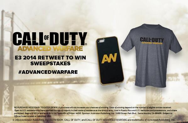 CallofDuty's tweet image. RT for a chance to win the #AdvancedE3 Sweeps! Prize: #AdvancedWarfare iPhone 5 case. Rules: callofduty.com/AdvancedWarfar…