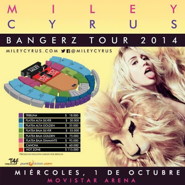 TiendaPop45's tweet photo. Miley Cyrus se confirma en #Chile: Octubre 1, MOVISTAR ARENA. Precios y ubicaciones AQUI. #MileyCyrus #TiendaPop45 http://t.co/iSlWNE5Bi0