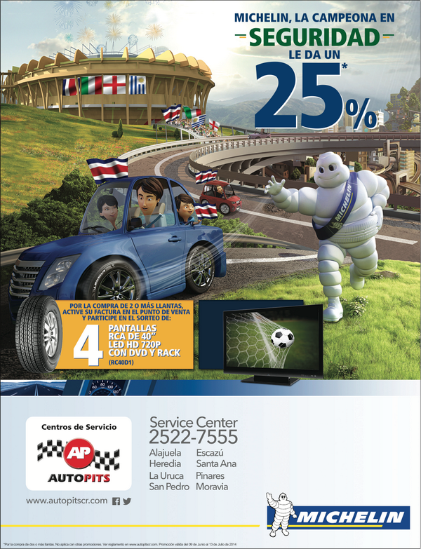 AUTOPITSCR's tweet photo. ¡La seguridad que te ofrece Michelin te da un 25% de descuento y la oportunidad de ganarte una pantalla LED de 40"! http://t.co/Es8SLkPuNk
