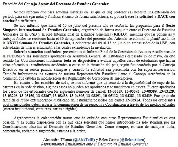 AlexTalR's tweet image. Resumen de la Sesión del Consejo del Decanato de Estudios Generales #USB del 30/05/2014