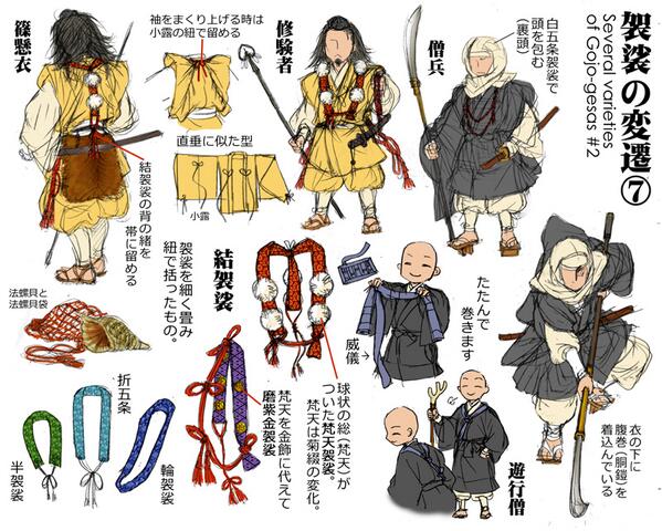逆名 袈裟 の変遷 7完 さらに変形したものをご紹介します 僧兵が被っている 寡頭カトウ 白い布は実は白五条 修験者が着用する結袈裟 原則は九条袈裟 を畳むとされる 現代の寺院で見かける五条袈裟を畳んだ半袈裟 折五条など お坊さん描こう Http