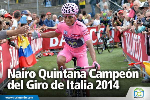 rcnmundo's tweet photo. #ElGiroEsColombia ¡HISTÓRICO! @NairoQuinCo es el primer colombiano campeón del @giroditalia. ¡Gracias ídolo! http://t.co/1AyUEijevh