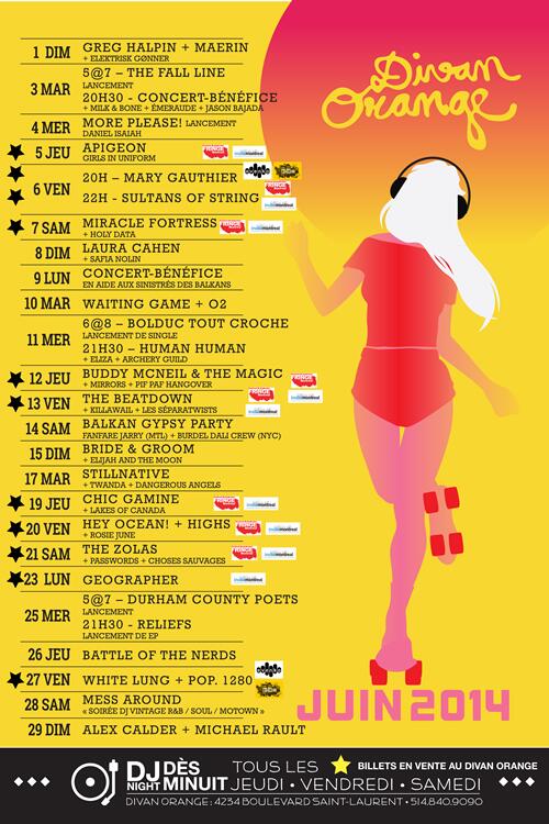 DivanOrange's tweet photo. JUIN : la prog ! Retweet ! #show #montréal #mtl #live #music @DivanOrange @evenko @greenlandprod @indiemontreal http://t.co/AJWSL5KsQP
