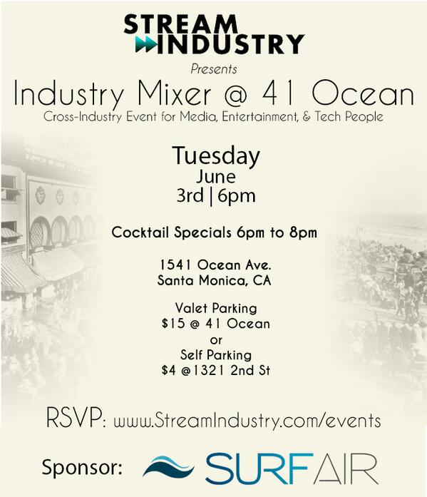 SurfAir's tweet image. Meet some of the #SurfAir team at the @StreamIndustry mixer - Tuesday, June 3 from 6pm - 8pm at @41OceanClub!