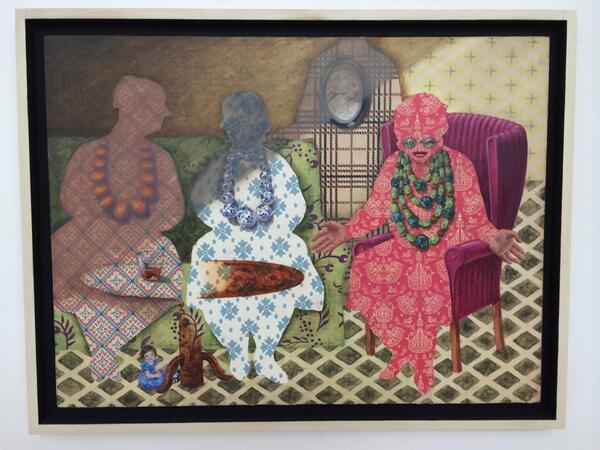 mikolon2's tweet photo. "@hyperallergic: Lydia Viscardi, "The Great Ones" (nd) #bos2014 http://t.co/3KtklMrXKo" I like the usage of patterns in this scene, great!