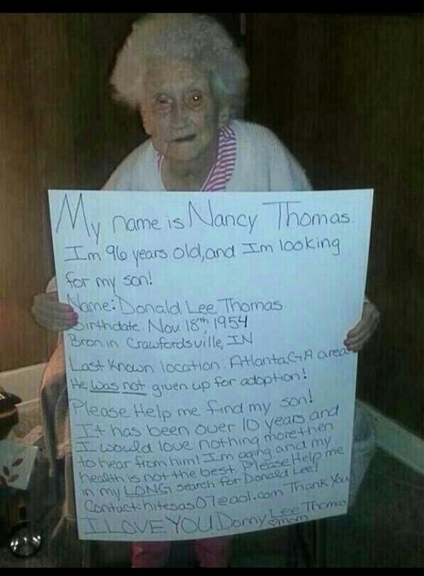 thatdevdogwitch's tweet photo. SOMEONE PLEASE FIND THIS WOMAN'S SON. I'LL BE HER DAUGHTER IF SHE WANTS ME http://t.co/g1DTWEOPLF