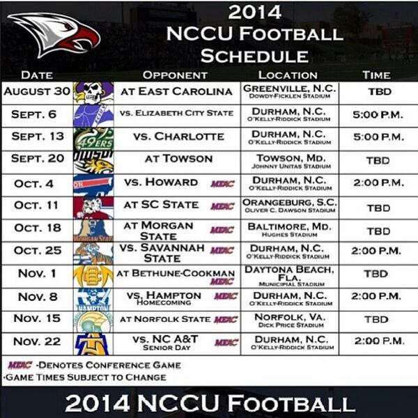 _CinnaVon's tweet photo. #NCCU Football schedule! 😁 the season is approaching 🏈❤️ http://t.co/1M7CMZIFso