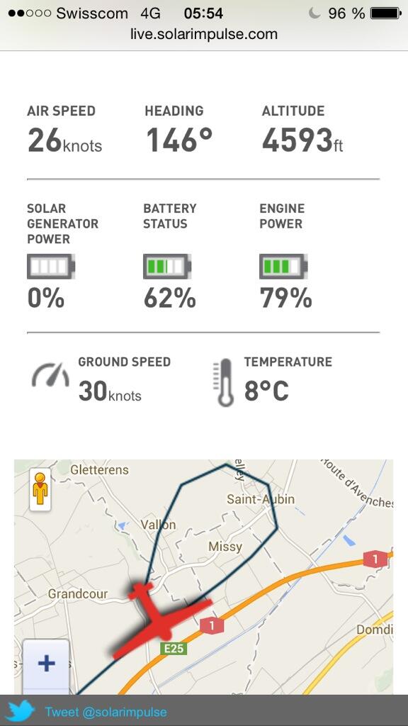 HeinrichSCHOBER's tweet image. #FirstTurn in #FirstFlight @solarimpulse Live in Stage ...