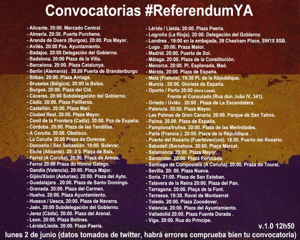 Convocatorias de esta tarde en favor del #ReferéndumYa sobre el modelo de Estado. Acude, difunde RT: