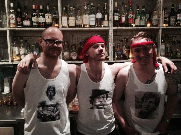 JErnestB's tweet photo. For some (awesome) reason, @tendingkennedy insisted on an @TheSlyStallone themed night. He even brought the tanks! http://t.co/perVWKCC6w