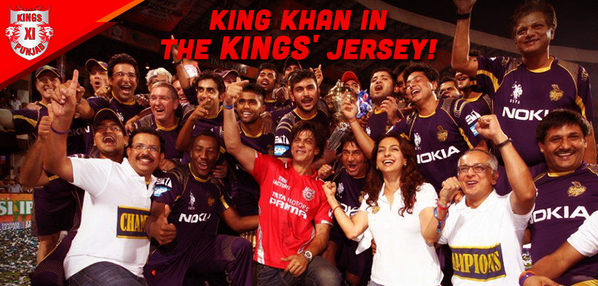Acb_SPORTS's tweet photo. Why he's called KING KHAN: @iamsrk wore the KXIP colours and called our team the best in the IPL! Thank you so much! http://t.co/4ShF2TQAbW