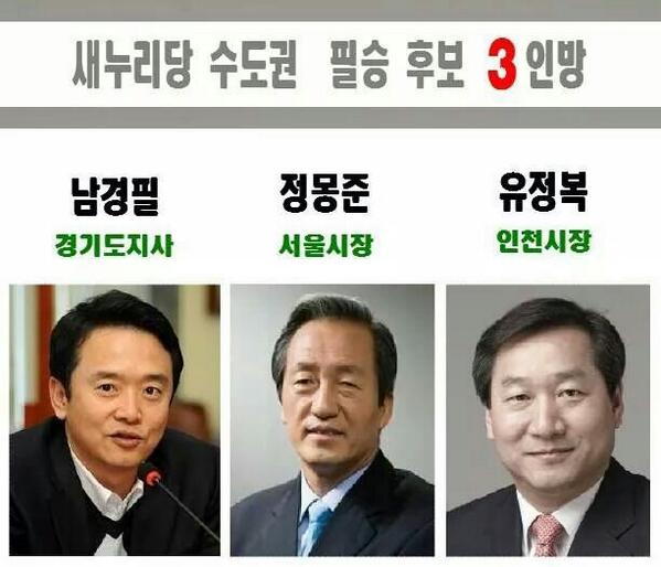 "<a href="/edge_1004/">다교(애국애족)</a>:새누리수도권 3인방! 꼭필승하세요
유정복 - 선택하면 인천이 살고
정몽준 - 찍으면 서울이 깨어나고
남경필 - 뽑으면 경기도가 발전합니다
이미선택하셨죠?
새누리당 기호1번 콕 찍어 주세요 "