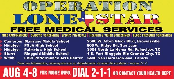 Save the Date!  FREE Medical Services for our community, August 4-8 #PSJA #HidalgoCounty #OperationLoneStar