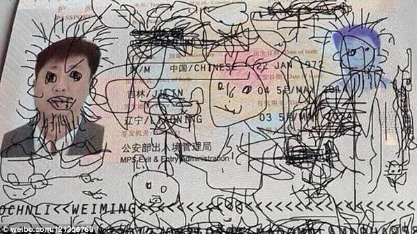 CBSMornings's tweet image. Chinese man gets stuck in S. Korea after son doodles on passport. #Headline via @MailOnline: cbsn.ws/1gYfujF