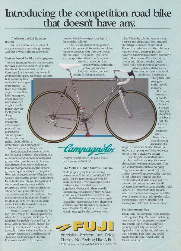panasonicbikes's tweet photo. @thefujiclass Scan from an ad in a 1991 issue of Bicycling Magazine. $4200 MSRP #wowzas http://t.co/oXn7wbYVnX