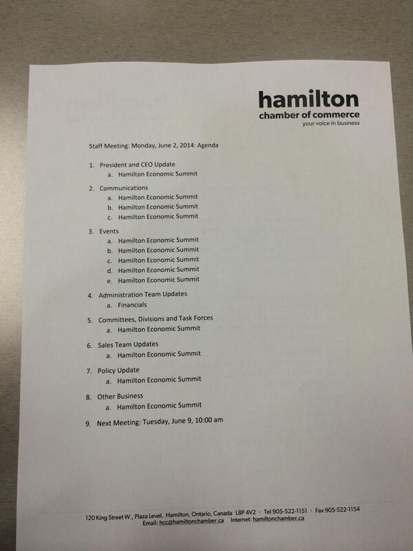 hamiltonchamber's tweet photo. The agenda for our staff meeting this morning. No other priorities except #HES2014! http://t.co/Cpo0NbyjNU