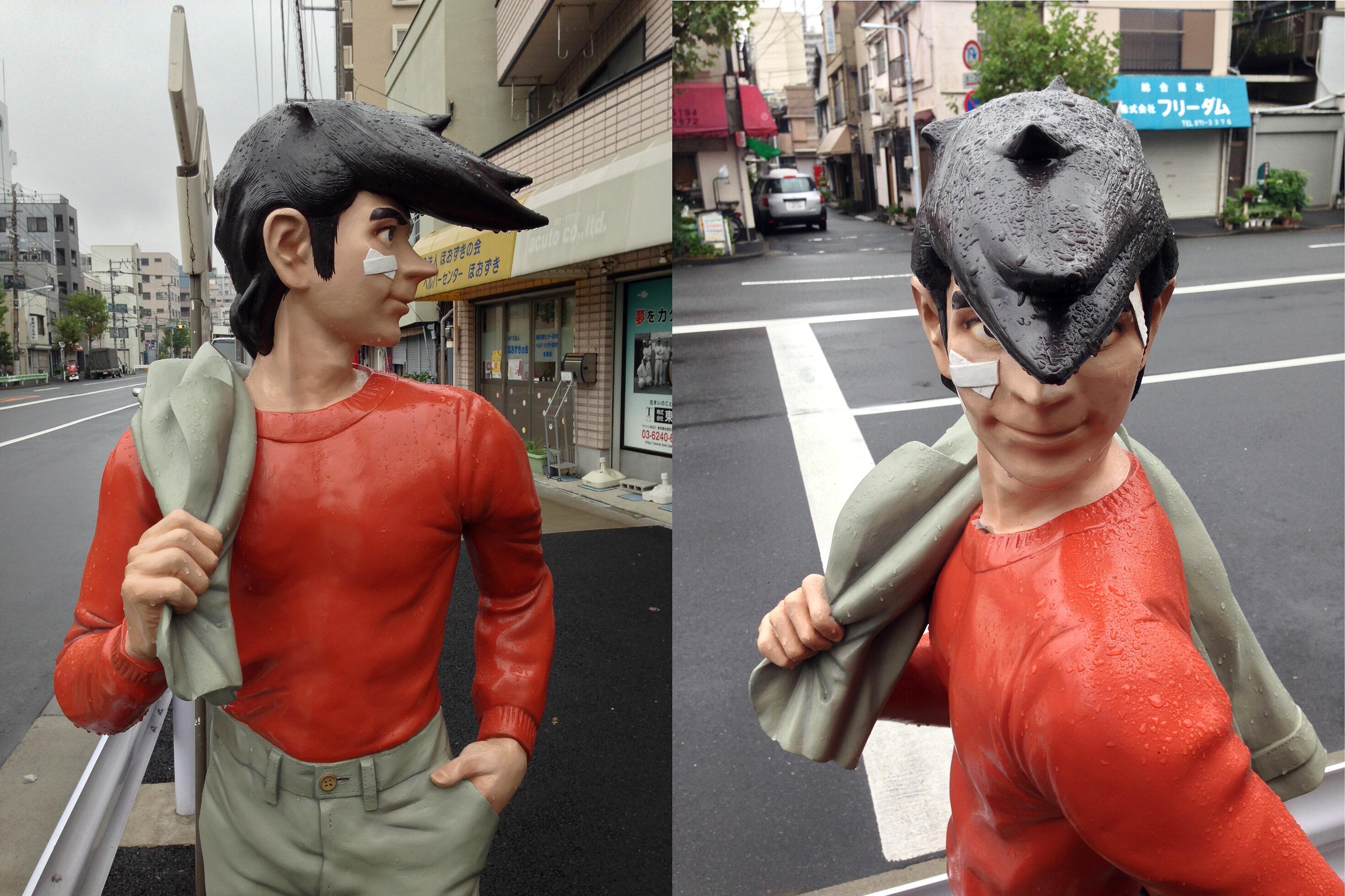 森伸之 泪橋近くのいろは会商店街は明日のジョーの故郷らしい 入口にはジョーの像 が立っているけど ２次元立体化の矛盾が盛大に露呈していて趣深い このジョーが正面から歩いてくるのを見たら氣志團の誰かだと思うよね 元不良という点では合ってるけど