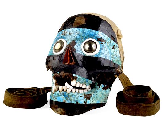 Mask of the Aztec god Texcatlipoca, 'Lord of the Near and Nigh'. Turquoise on a human skull! Coolest artefact ever? http://t.co/a9DNW8WLvG