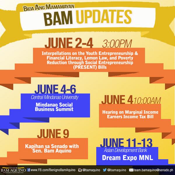 bamaquino's tweet photo. [TeamBam] BE UPDATED! Check out the schedules of our committee hearings, bill interpellations &amp; Kapihan. #BamUpdates http://t.co/UhwngLLDTa
