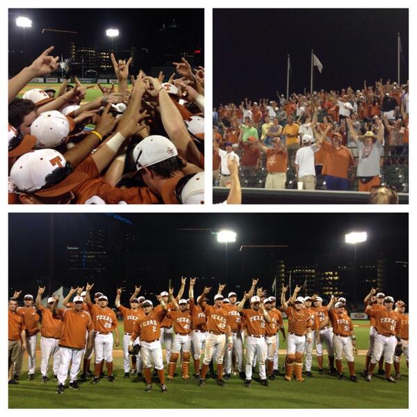 TexasBaseball's tweet image. Horns UP after another Longhorn victory! Texas is headed for the Super Regionals!