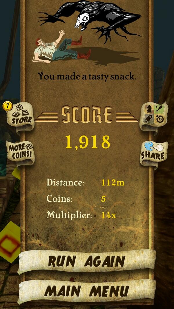 melsyson's tweet photo. I got 1,918 points while escaping from demon monkeys. Beat that! http://t.co/vVXsbPs7fx #TempleRun http://t.co/3hbIAeaGDc