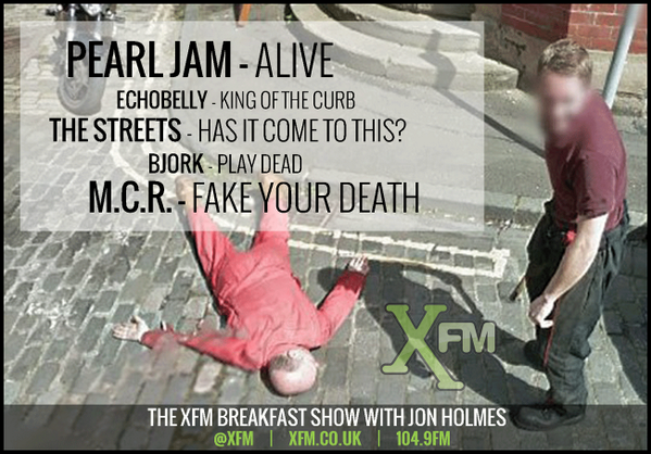 RadioX's tweet photo. Turns out jokers faking their own death on @google street-view makes for a terrific #inappropriatexlist. Well done! http://t.co/gOkaxN622H