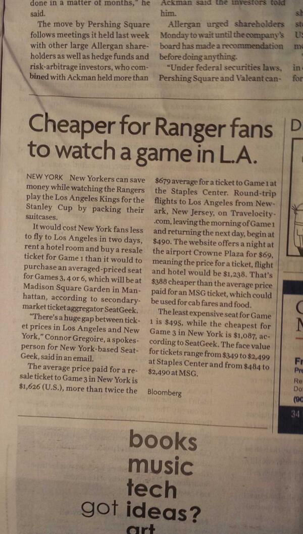 PolingRecord's tweet photo. Hockey economics. Cheaper for NY Rangers fans to fly to LA, get room and tix, than to go to MSG. @NHLexpertpicks http://t.co/nlRrEHBz3R
