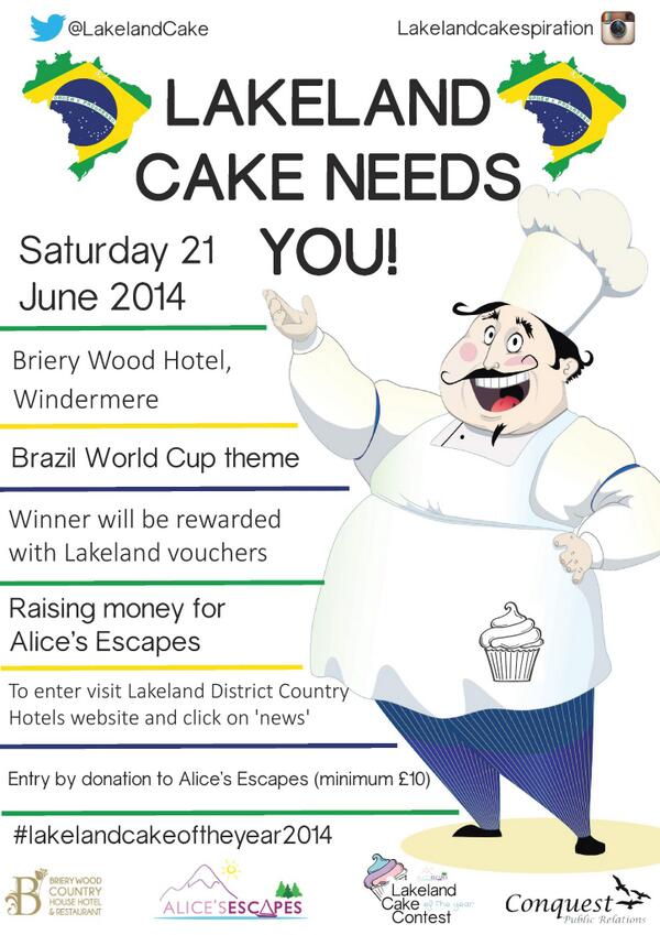 ConquestPR's tweet photo. *RT @LDCHotels @CumbriaPR Entries close soon for #lakelandcakeoftheyear2014 Could you be Lakelands baker of the year? http://t.co/V8BW0QGcvk